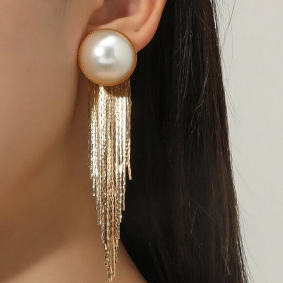 Faux Pearl Metal Tassel Drop Earrings - Picture 1 of 4